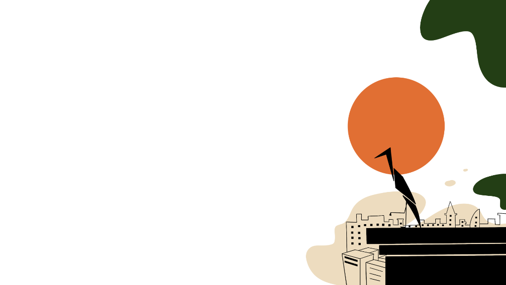 Origami bird standing on a rooftop edge overlooking a skyline silhouette with a large orange sun
